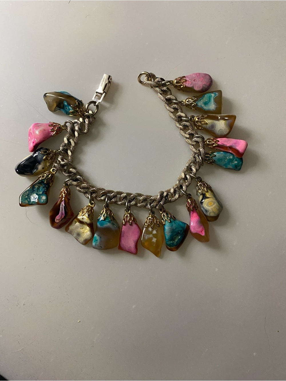 Stamped Germany Silver and Gold Tone multi color polished rock Bracelet
